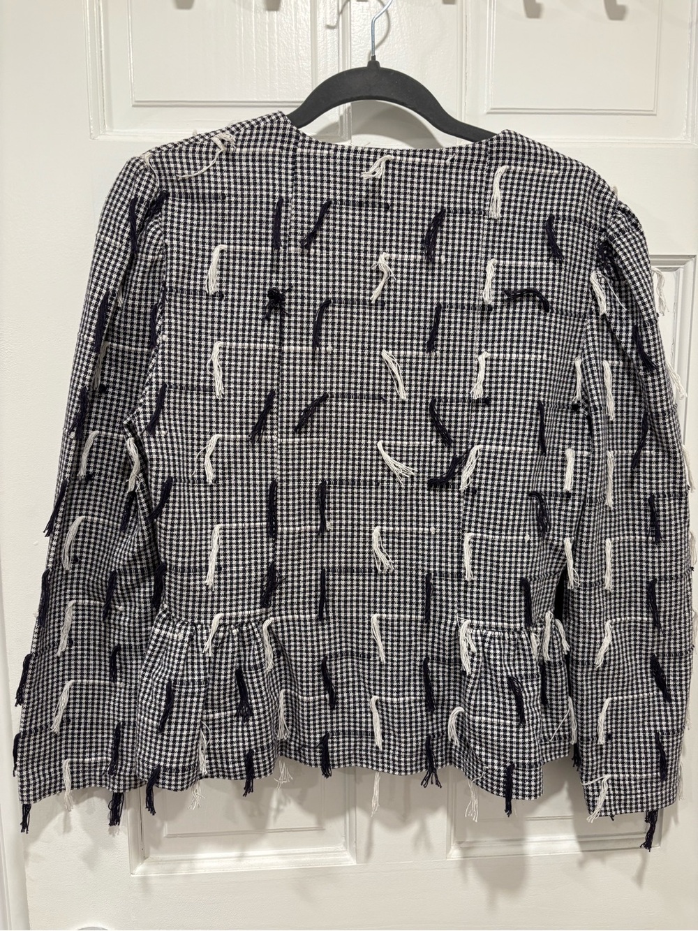 Nikki Chasin Gingham Fringe Cardigan Size 4 Cotton Peplum Tassel Made in USA - Picture 3 of 5